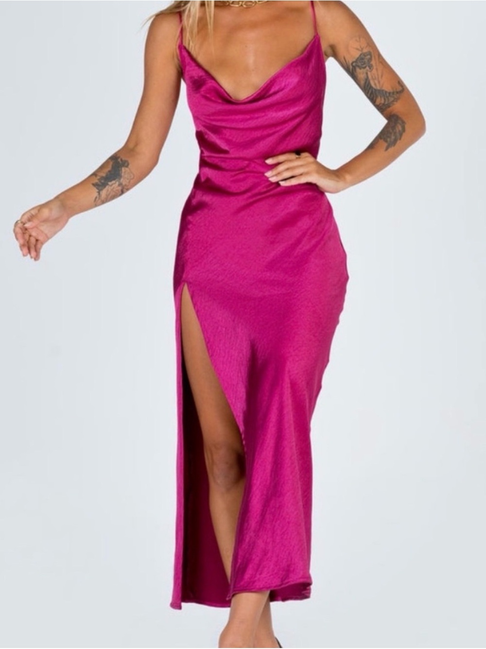 Lioness Satin Cowl Midi Dress in Berry